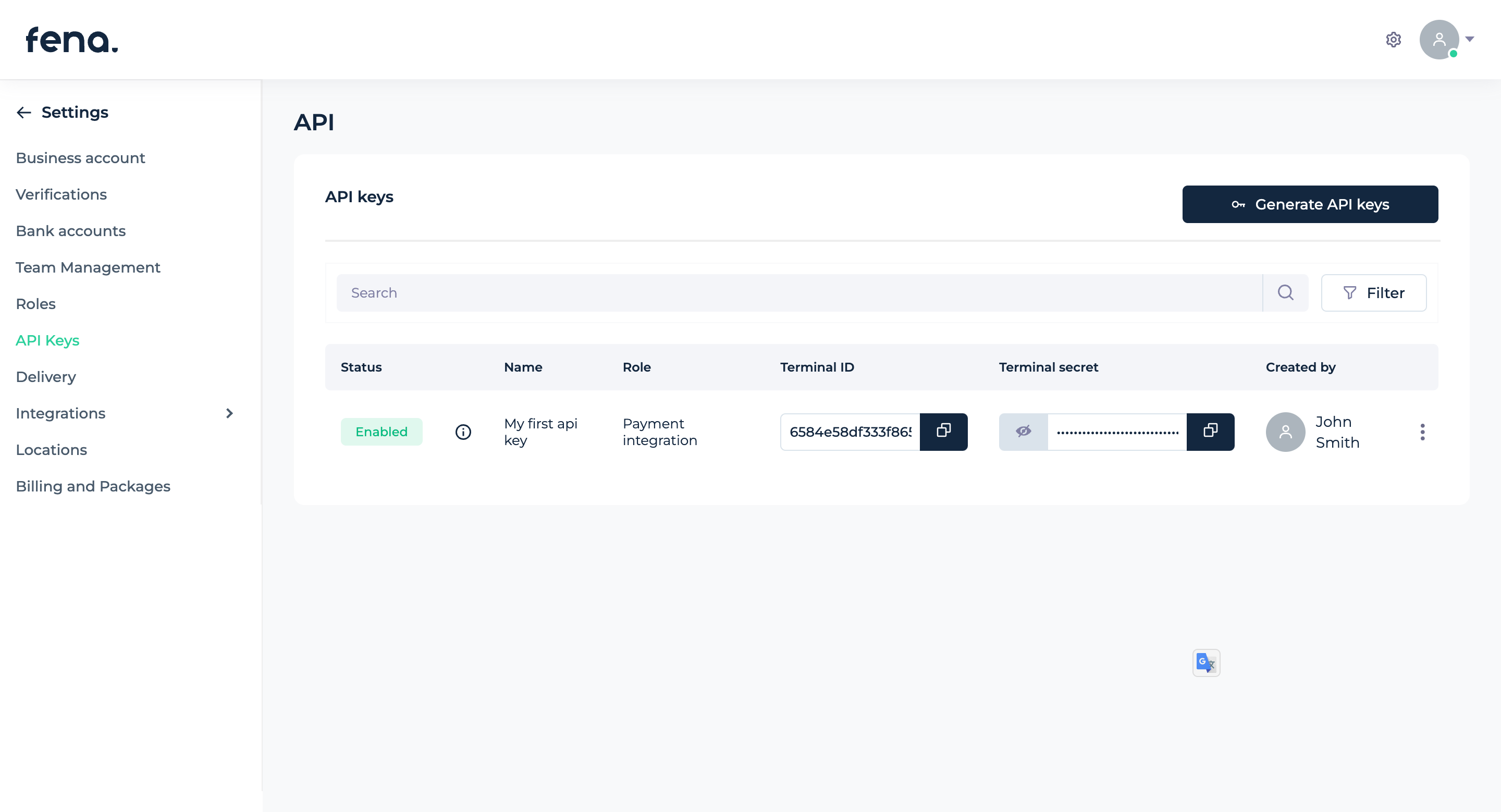 API keys | Fena Docs